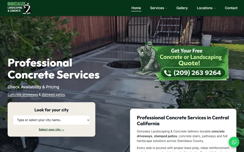 Homepage of a concrete and hardscaping company website