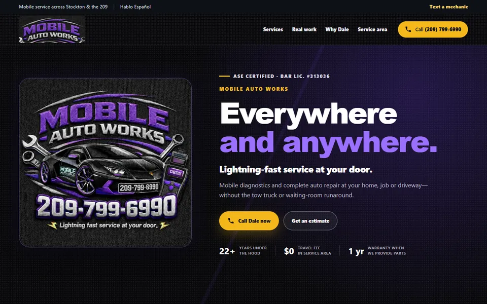 Homepage of a mobile mechanic website