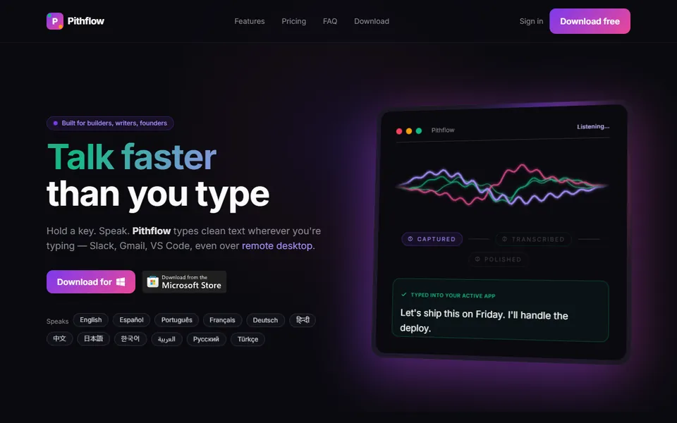 Homepage of a desktop dictation software product